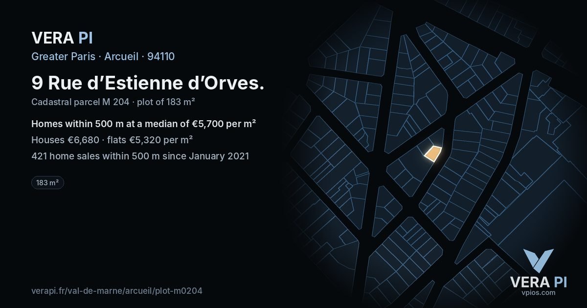 9 Rue d’Estienne d’Orves, Arcueil at night – the plot lit, the parcels around coloured by the prices near them