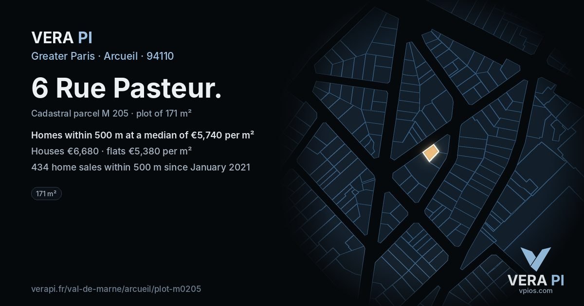 6 Rue Pasteur, Arcueil at night – the plot lit, the parcels around coloured by the prices near them