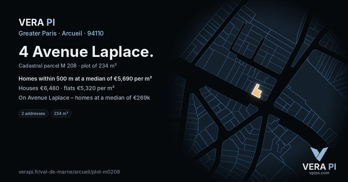 4 Avenue Laplace, Arcueil at night – the plot lit, the parcels around coloured by the prices near them