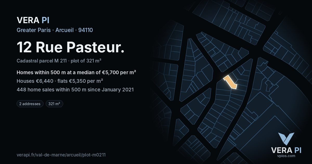 12 Rue Pasteur, Arcueil at night – the plot lit, the parcels around coloured by the prices near them