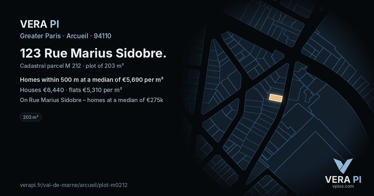123 Rue Marius Sidobre, Arcueil at night – the plot lit, the parcels around coloured by the prices near them