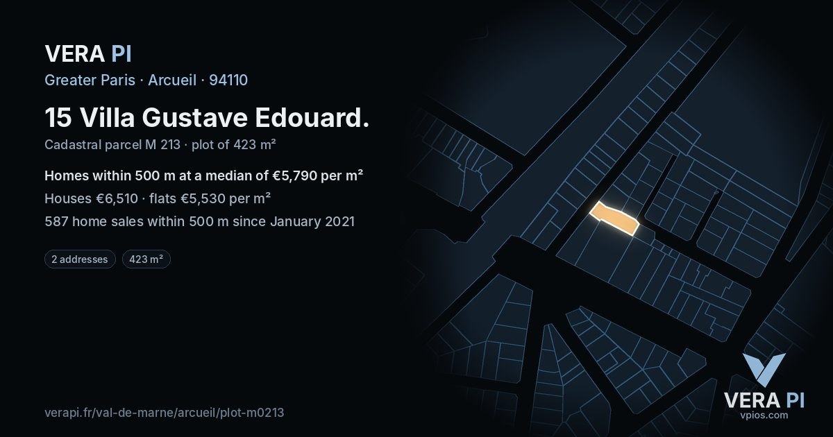 15 Villa Gustave Edouard, Arcueil at night – the plot lit, the parcels around coloured by the prices near them
