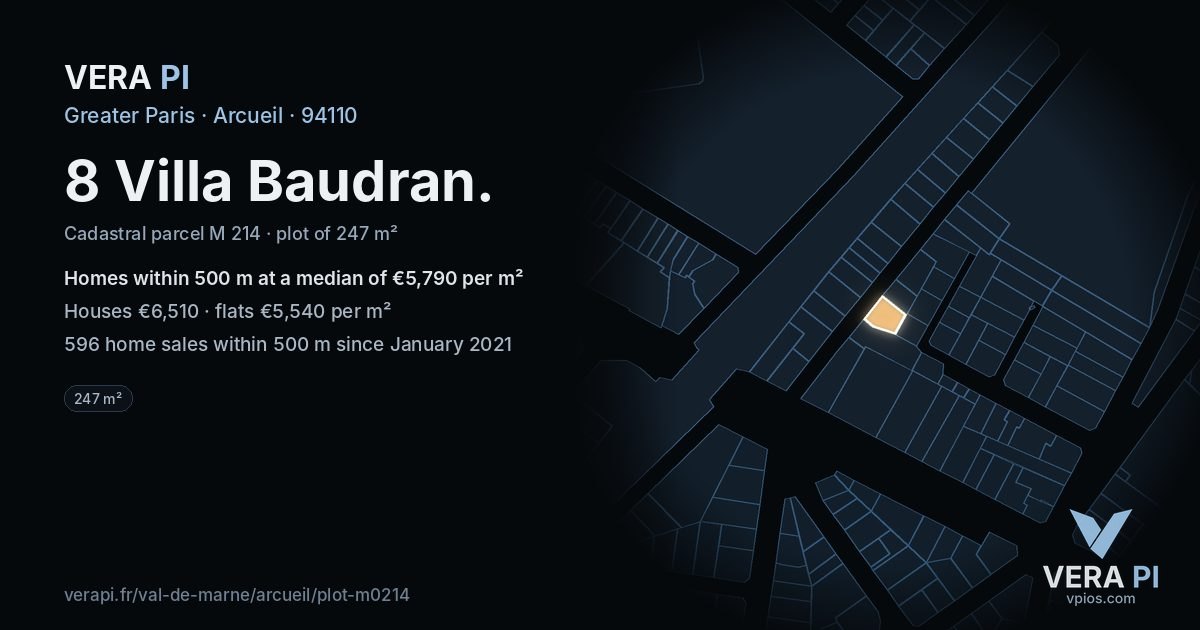 8 Villa Baudran, Arcueil at night – the plot lit, the parcels around coloured by the prices near them