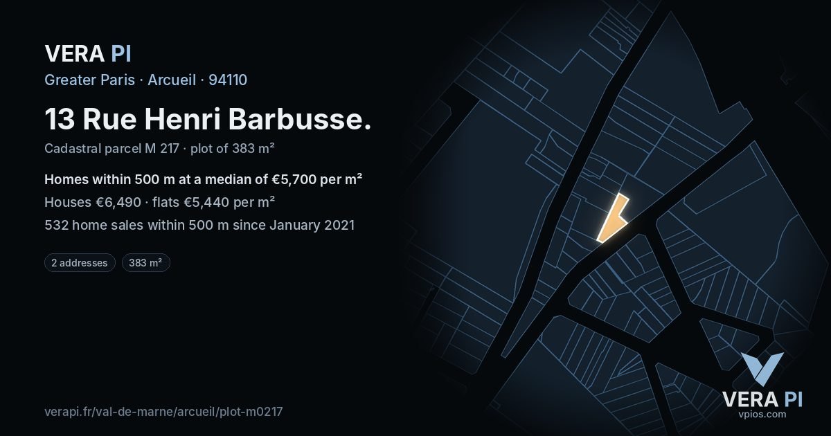 13 Rue Henri Barbusse, Arcueil at night – the plot lit, the parcels around coloured by the prices near them
