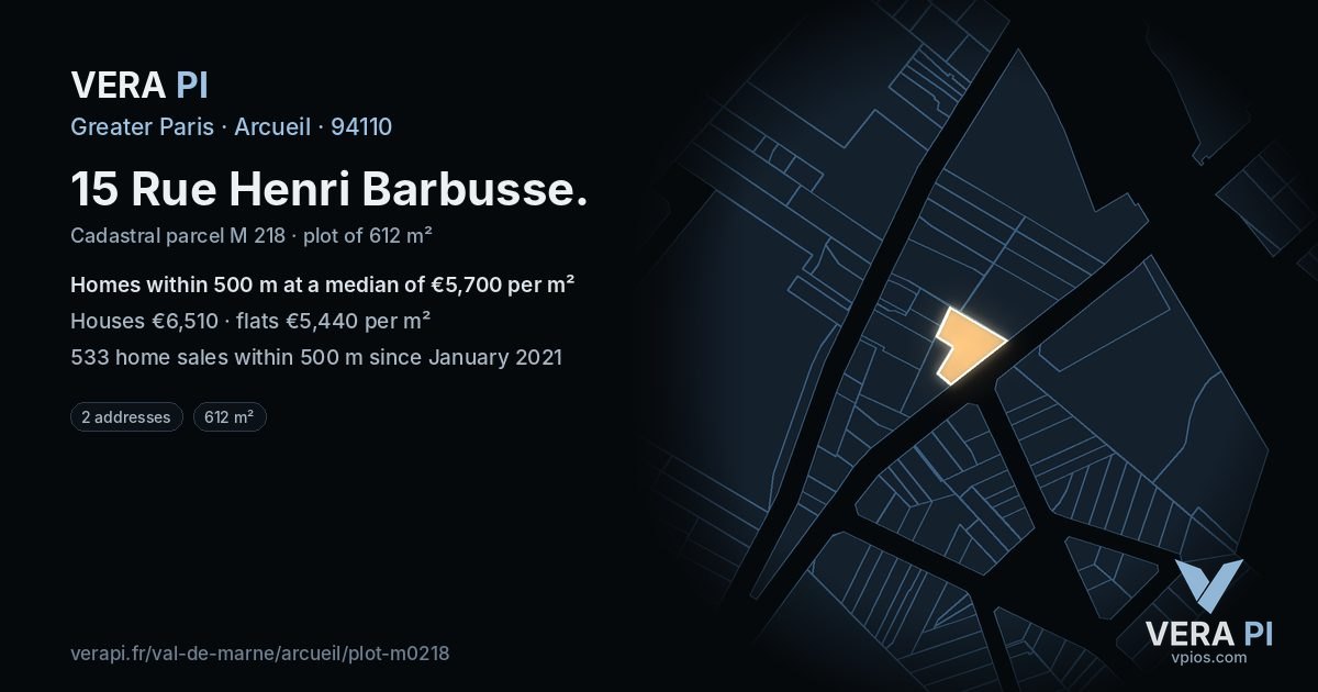 15 Rue Henri Barbusse, Arcueil at night – the plot lit, the parcels around coloured by the prices near them