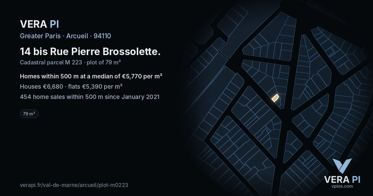 14 bis Rue Pierre Brossolette, Arcueil at night – the plot lit, the parcels around coloured by the prices near them