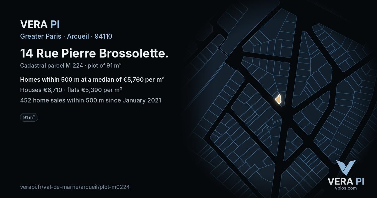 14 Rue Pierre Brossolette, Arcueil at night – the plot lit, the parcels around coloured by the prices near them