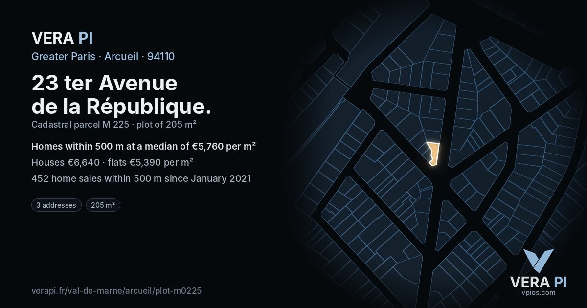 23 ter Avenue de la République, Arcueil at night – the plot lit, the parcels around coloured by the prices near them