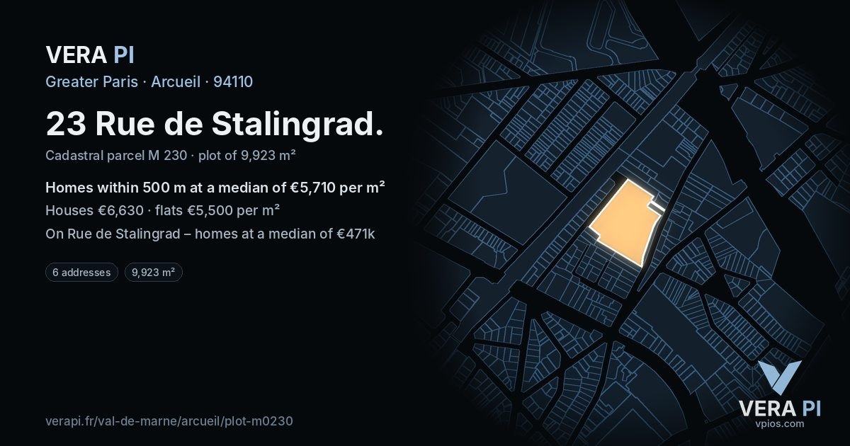 23 Rue de Stalingrad, Arcueil at night – the plot lit, the parcels around coloured by the prices near them