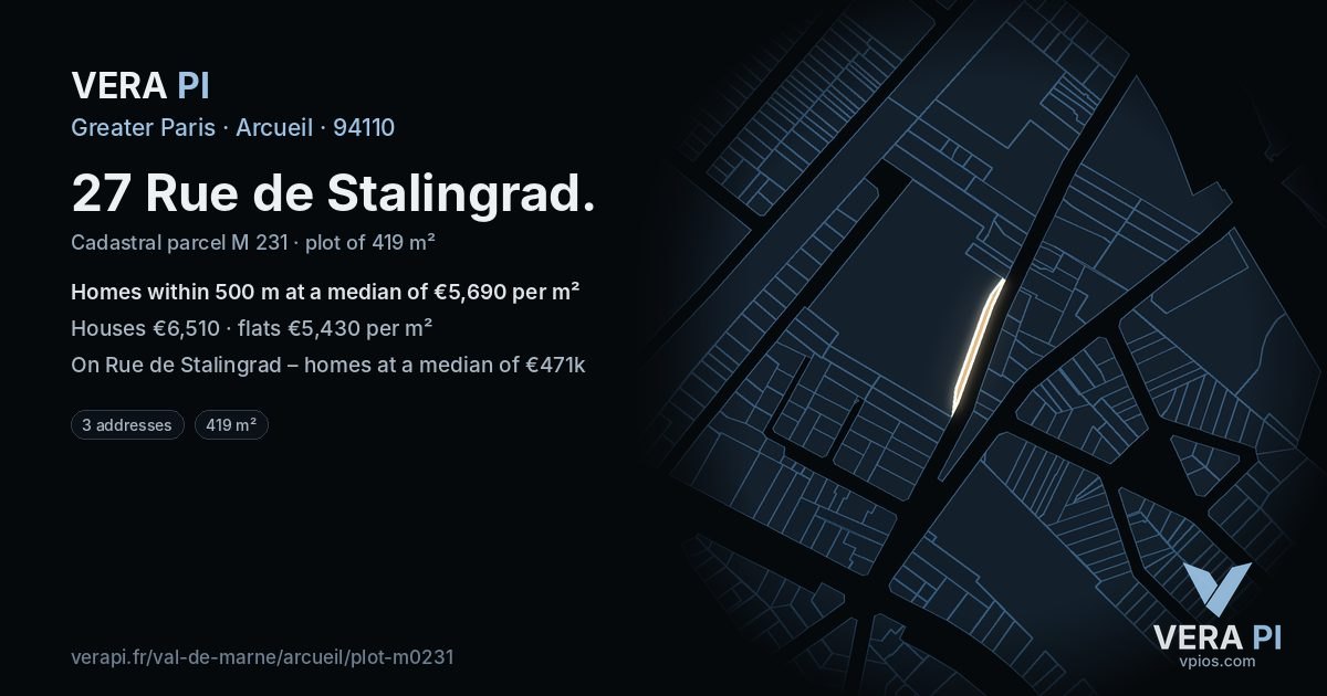 27 Rue de Stalingrad, Arcueil at night – the plot lit, the parcels around coloured by the prices near them