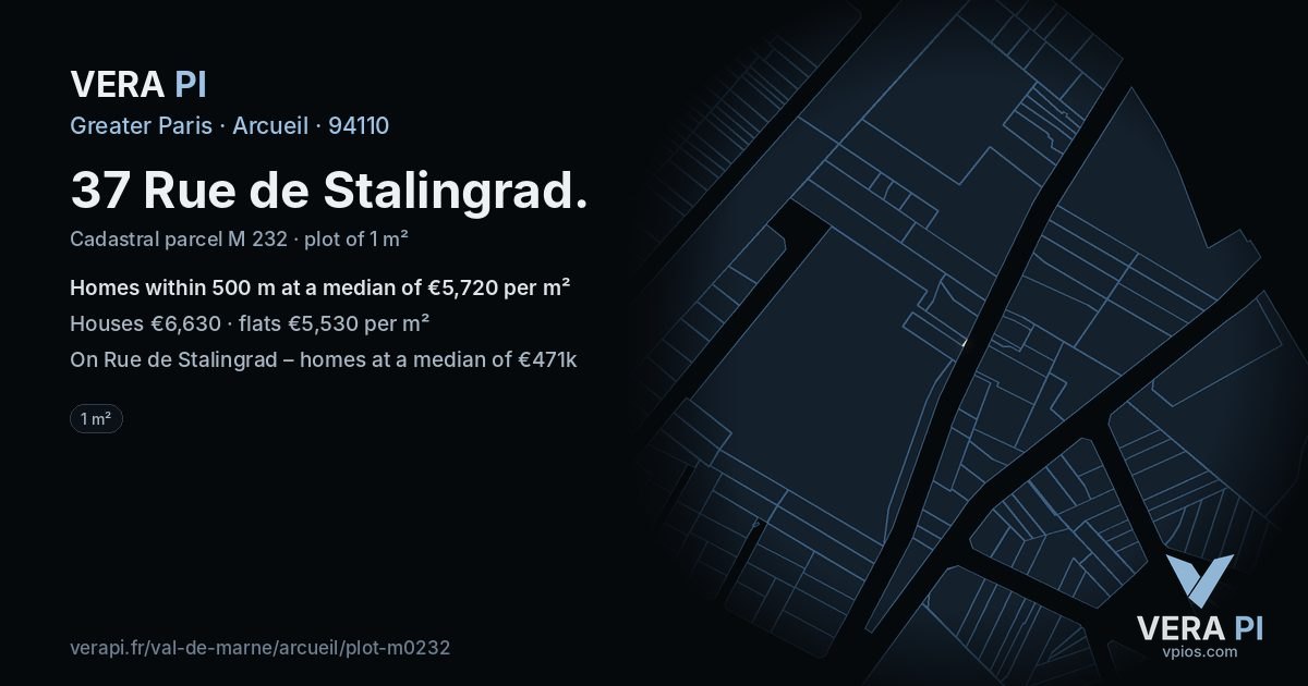 37 Rue de Stalingrad, Arcueil at night – the plot lit, the parcels around coloured by the prices near them