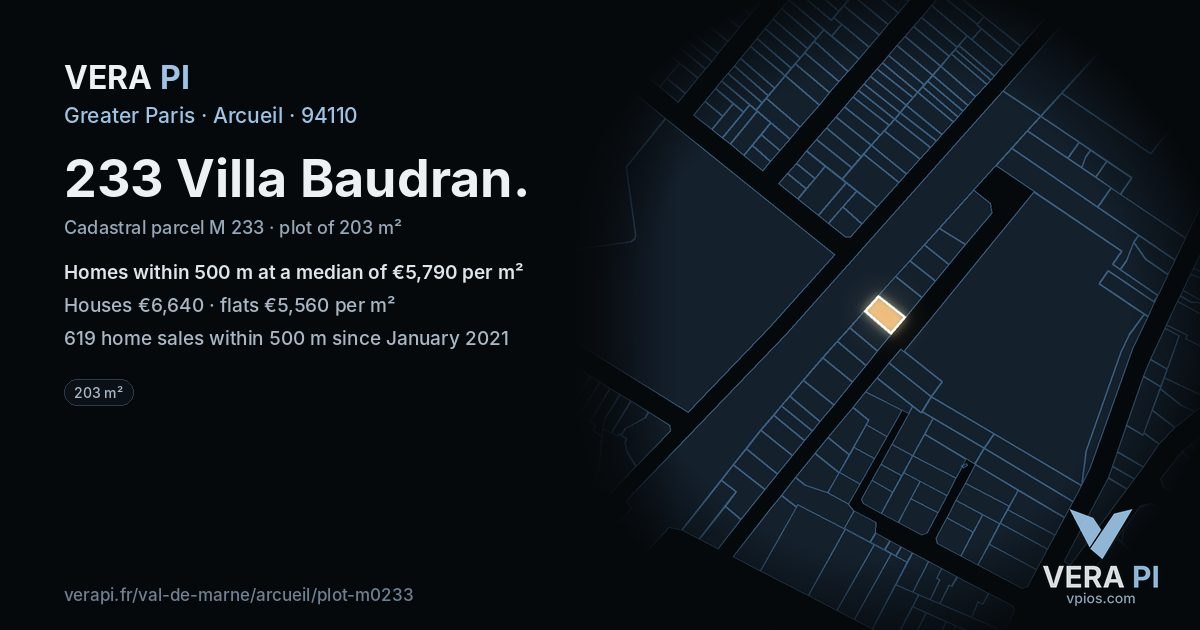 233 Villa Baudran, Arcueil at night – the plot lit, the parcels around coloured by the prices near them