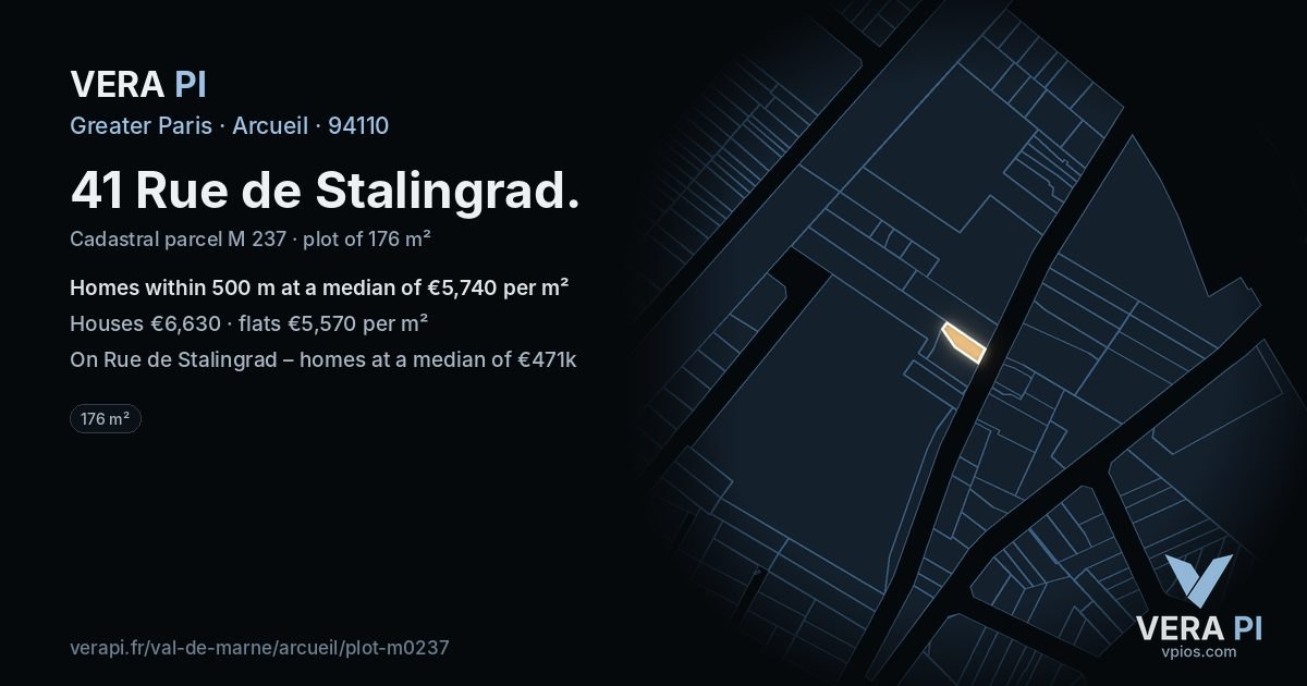 41 Rue de Stalingrad, Arcueil at night – the plot lit, the parcels around coloured by the prices near them