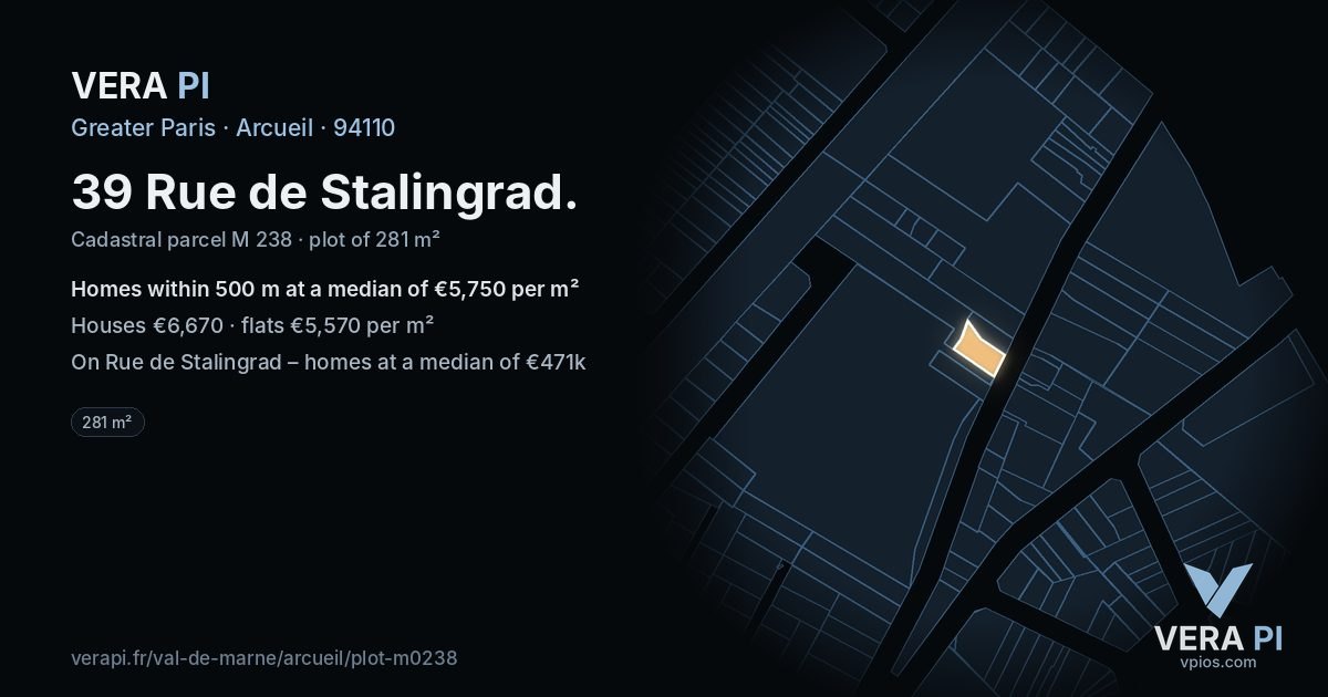 39 Rue de Stalingrad, Arcueil at night – the plot lit, the parcels around coloured by the prices near them