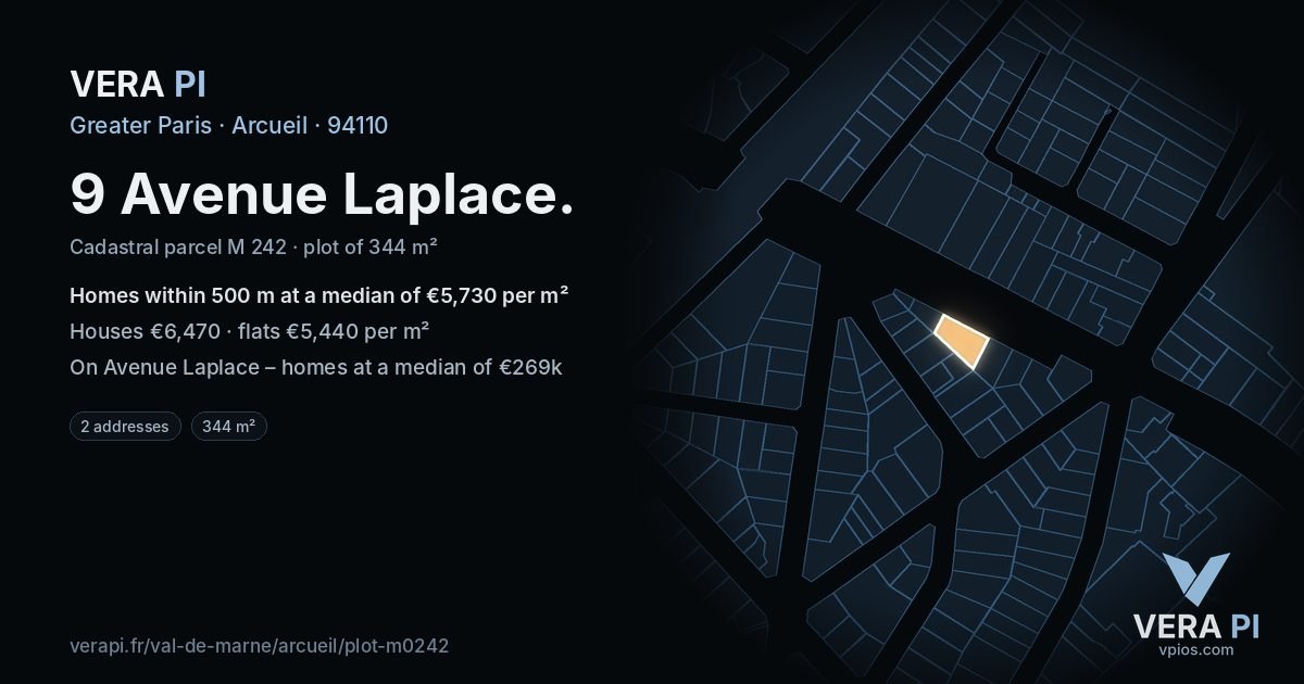 9 Avenue Laplace, Arcueil at night – the plot lit, the parcels around coloured by the prices near them