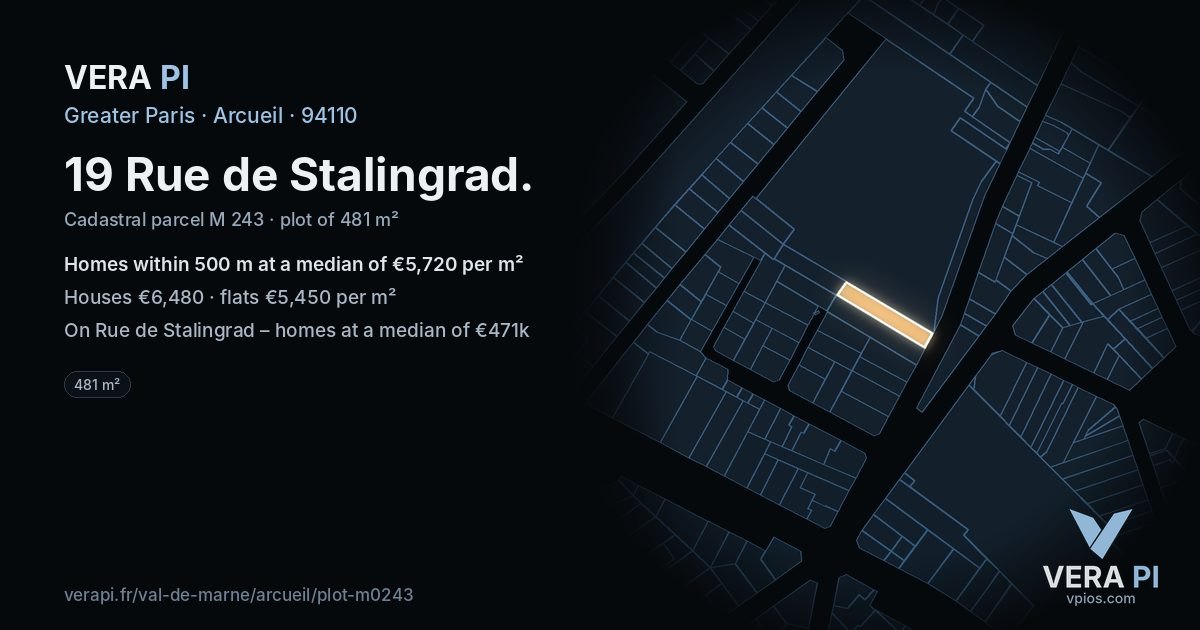 19 Rue de Stalingrad, Arcueil at night – the plot lit, the parcels around coloured by the prices near them