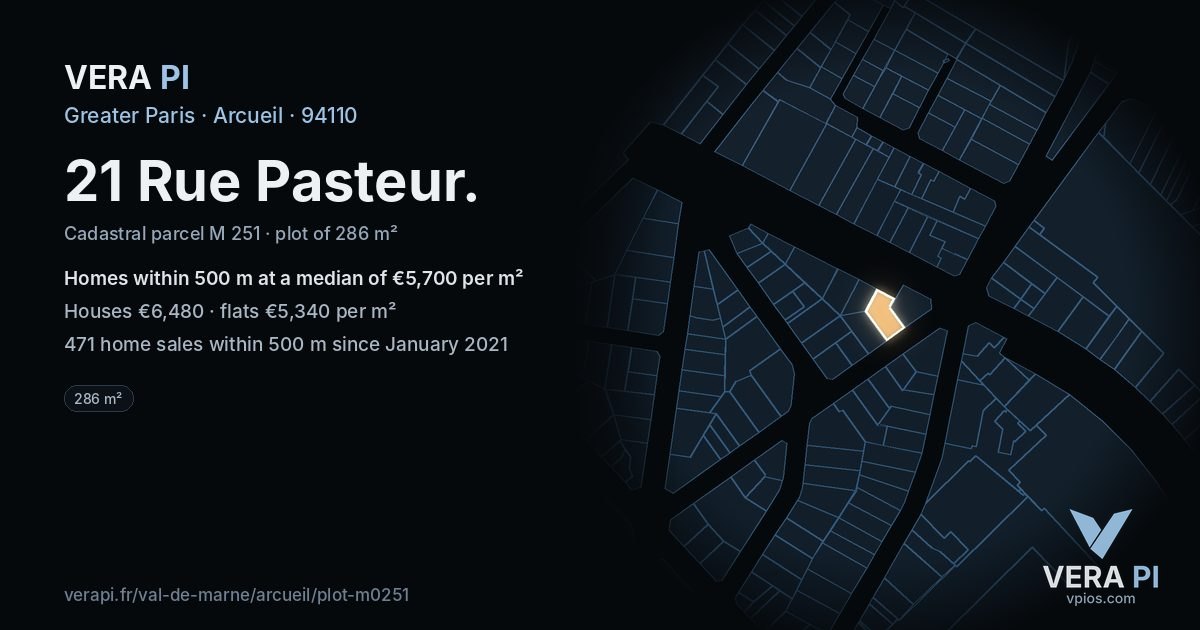 21 Rue Pasteur, Arcueil at night – the plot lit, the parcels around coloured by the prices near them
