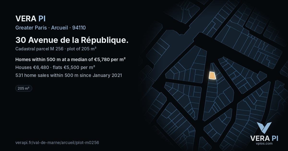 30 Avenue de la République, Arcueil at night – the plot lit, the parcels around coloured by the prices near them
