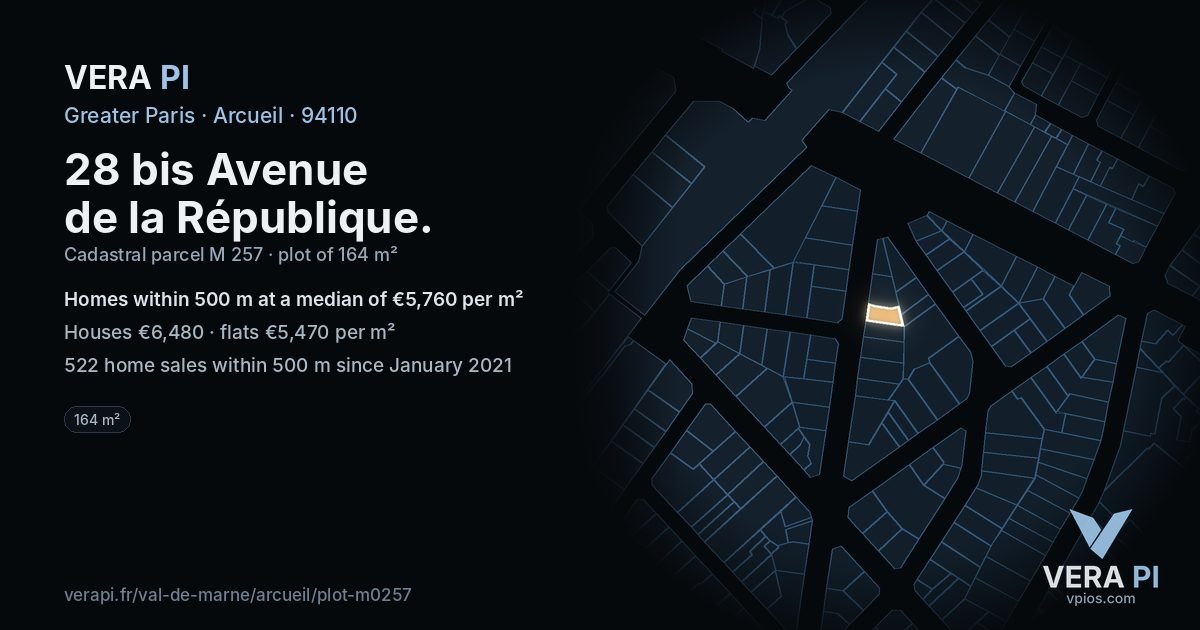 28 bis Avenue de la République, Arcueil at night – the plot lit, the parcels around coloured by the prices near them