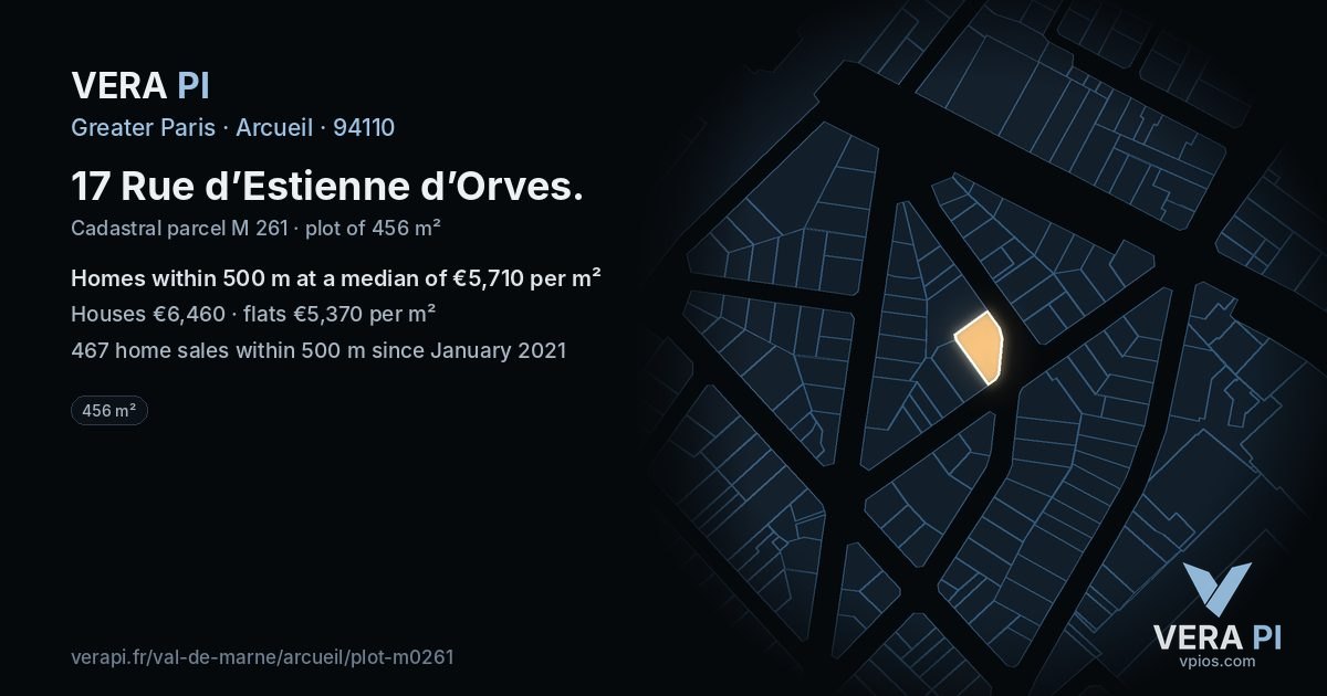 17 Rue d’Estienne d’Orves, Arcueil at night – the plot lit, the parcels around coloured by the prices near them