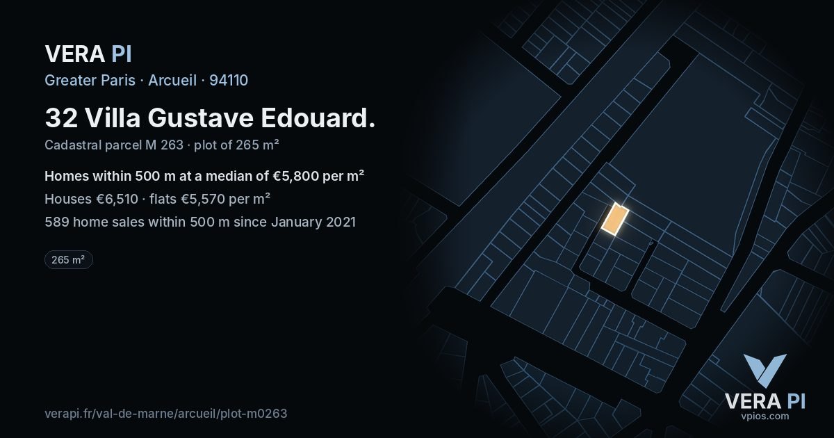 32 Villa Gustave Edouard, Arcueil at night – the plot lit, the parcels around coloured by the prices near them
