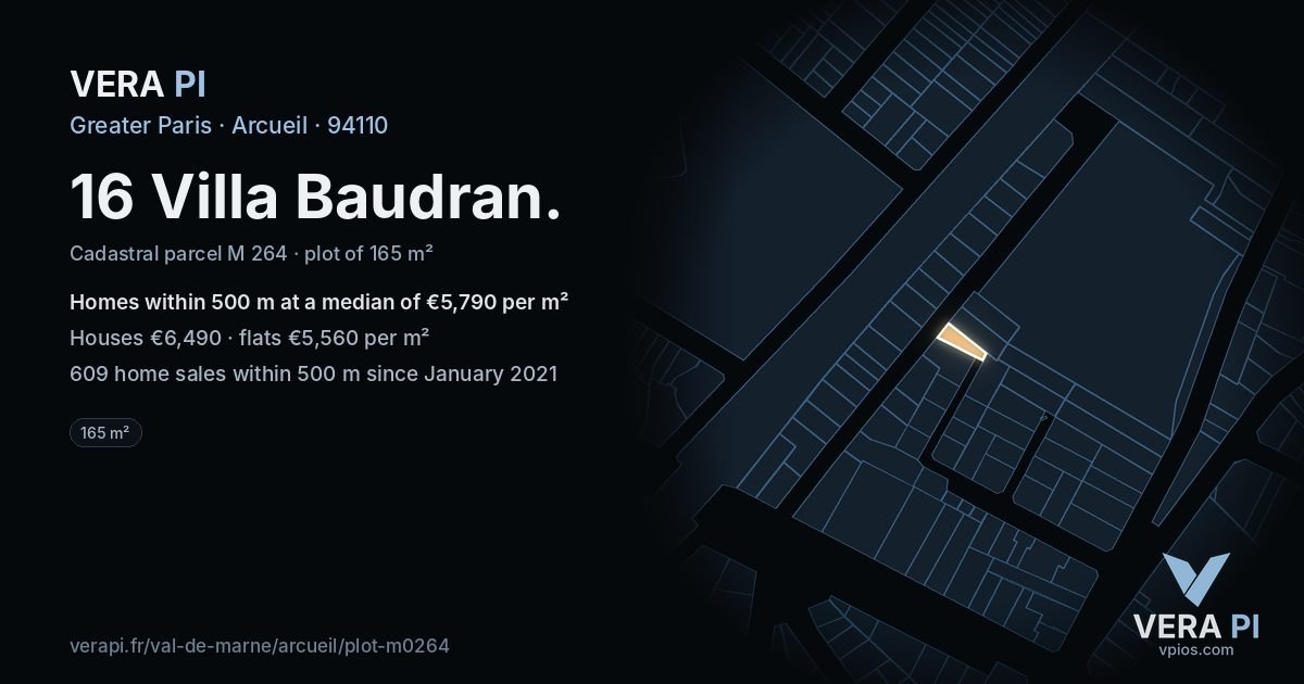 16 Villa Baudran, Arcueil at night – the plot lit, the parcels around coloured by the prices near them