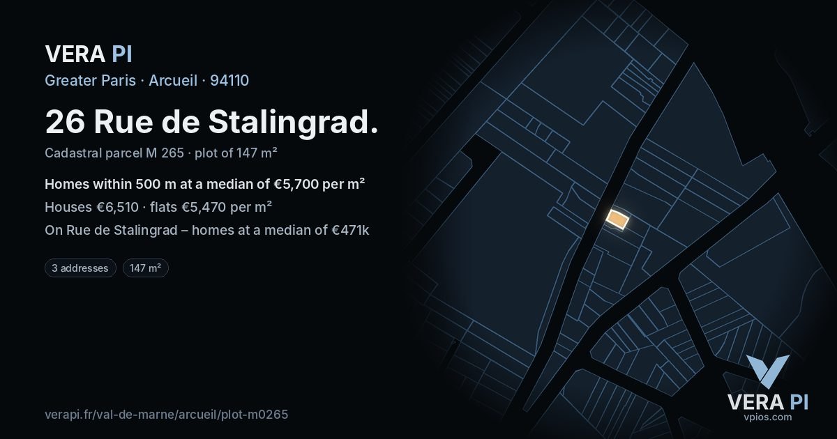 26 Rue de Stalingrad, Arcueil at night – the plot lit, the parcels around coloured by the prices near them