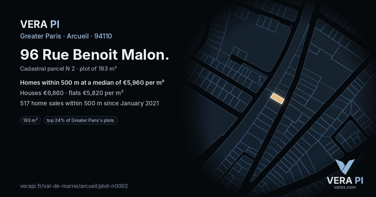 96 Rue Benoit Malon, Arcueil at night – the plot lit, the parcels around coloured by the prices near them