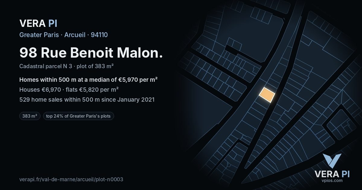 98 Rue Benoit Malon, Arcueil at night – the plot lit, the parcels around coloured by the prices near them