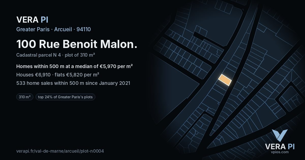 100 Rue Benoit Malon, Arcueil at night – the plot lit, the parcels around coloured by the prices near them