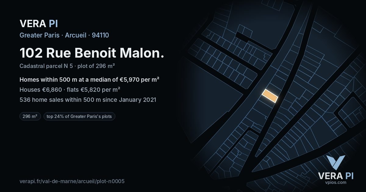 102 Rue Benoit Malon, Arcueil at night – the plot lit, the parcels around coloured by the prices near them