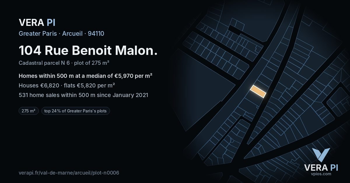 104 Rue Benoit Malon, Arcueil at night – the plot lit, the parcels around coloured by the prices near them