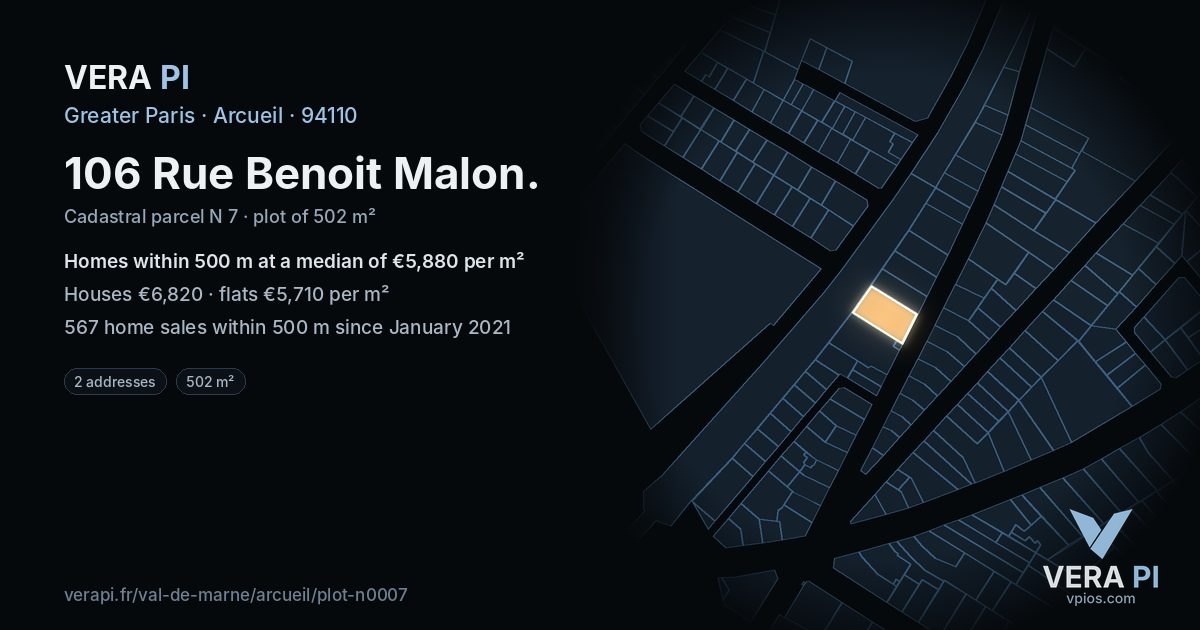 106 Rue Benoit Malon, Arcueil at night – the plot lit, the parcels around coloured by the prices near them