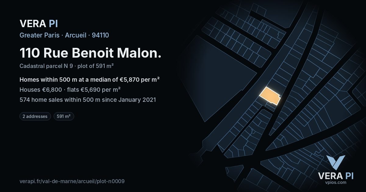 110 Rue Benoit Malon, Arcueil at night – the plot lit, the parcels around coloured by the prices near them