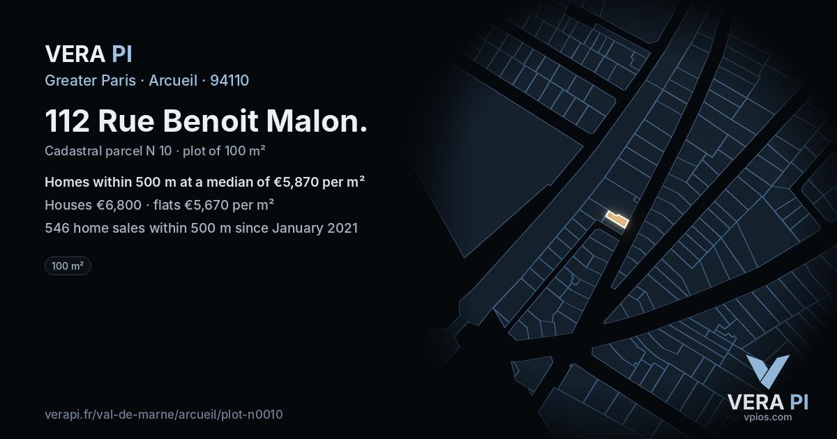 112 Rue Benoit Malon, Arcueil at night – the plot lit, the parcels around coloured by the prices near them