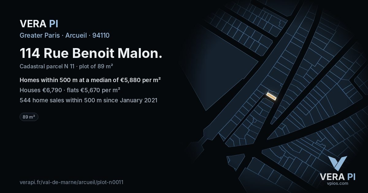 114 Rue Benoit Malon, Arcueil at night – the plot lit, the parcels around coloured by the prices near them
