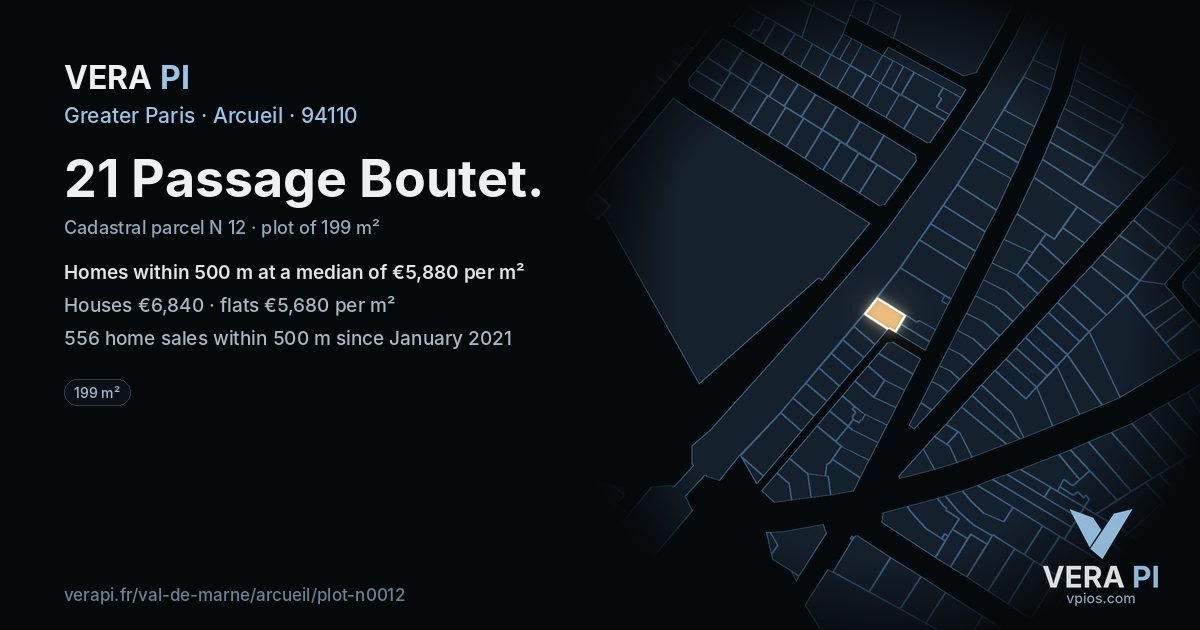 21 Passage Boutet, Arcueil at night – the plot lit, the parcels around coloured by the prices near them