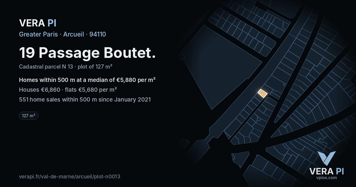 19 Passage Boutet, Arcueil at night – the plot lit, the parcels around coloured by the prices near them