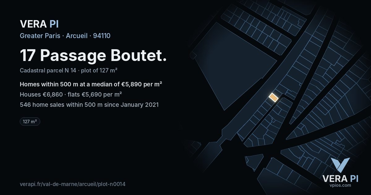 17 Passage Boutet, Arcueil at night – the plot lit, the parcels around coloured by the prices near them