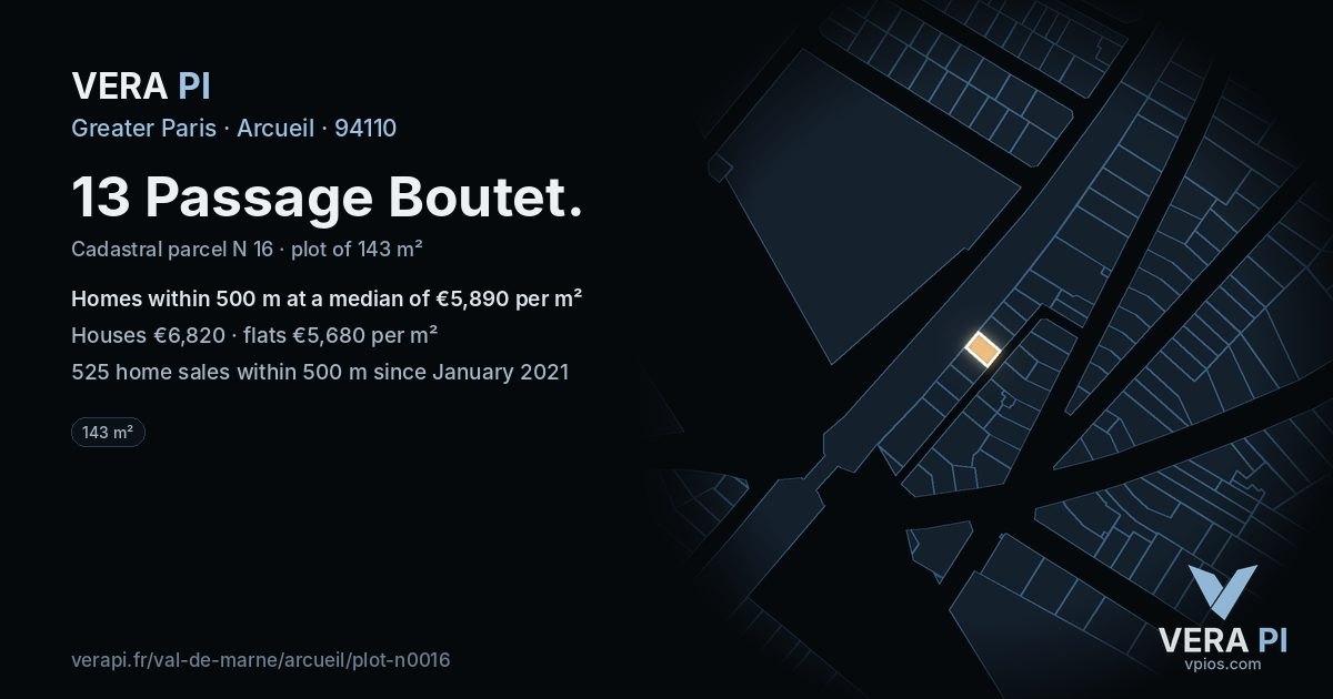 13 Passage Boutet, Arcueil at night – the plot lit, the parcels around coloured by the prices near them