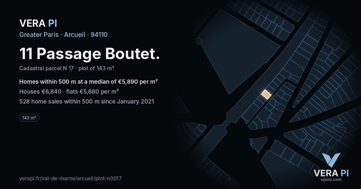 11 Passage Boutet, Arcueil at night – the plot lit, the parcels around coloured by the prices near them