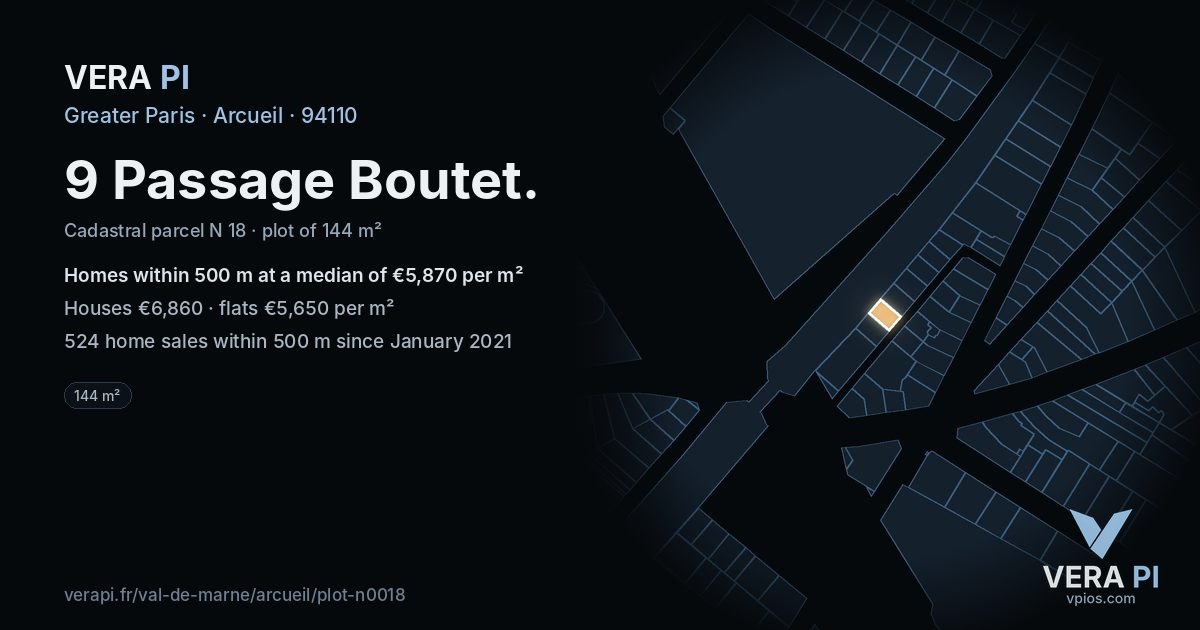 9 Passage Boutet, Arcueil at night – the plot lit, the parcels around coloured by the prices near them