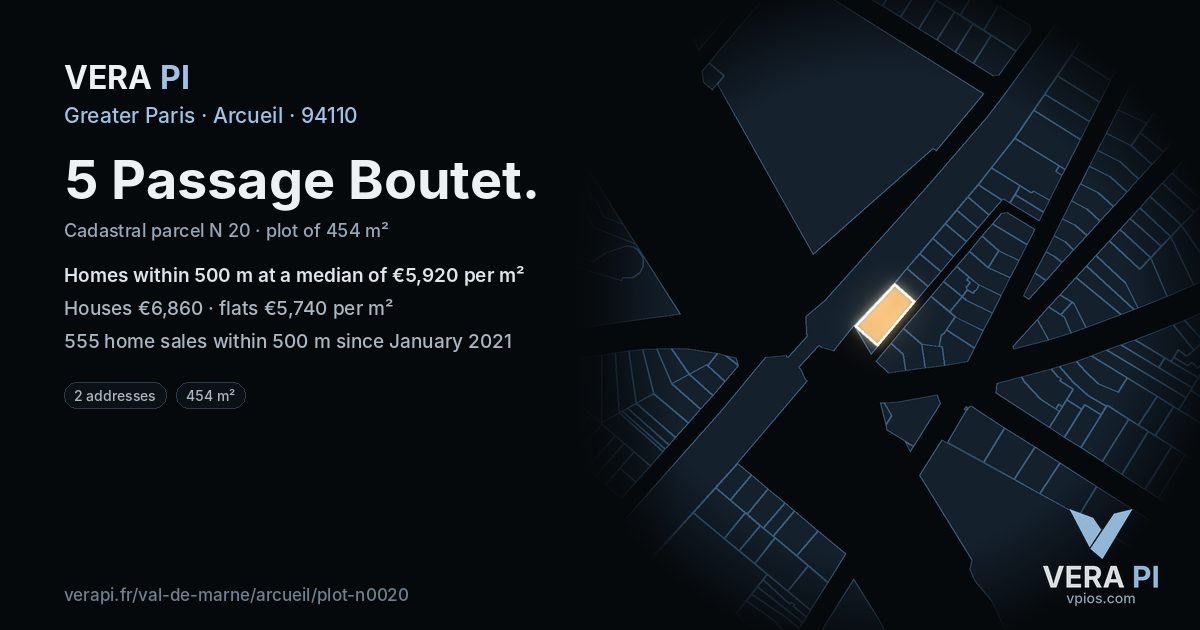 5 Passage Boutet, Arcueil at night – the plot lit, the parcels around coloured by the prices near them