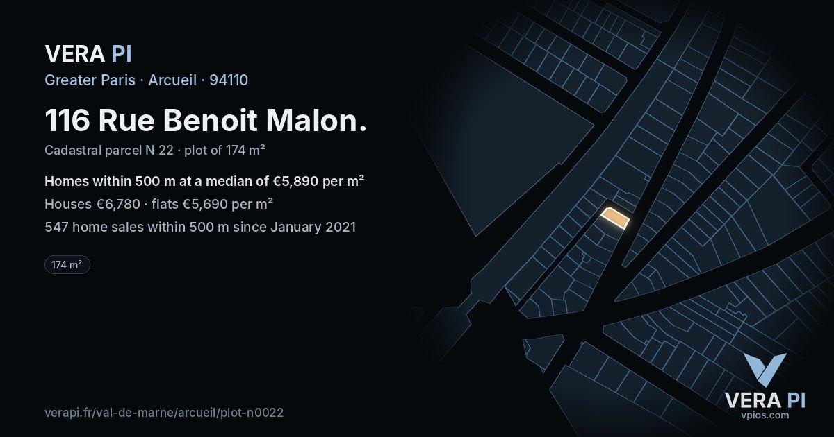 116 Rue Benoit Malon, Arcueil at night – the plot lit, the parcels around coloured by the prices near them