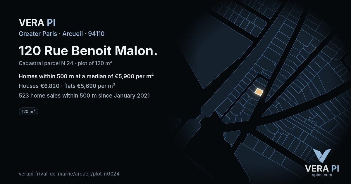 120 Rue Benoit Malon, Arcueil at night – the plot lit, the parcels around coloured by the prices near them