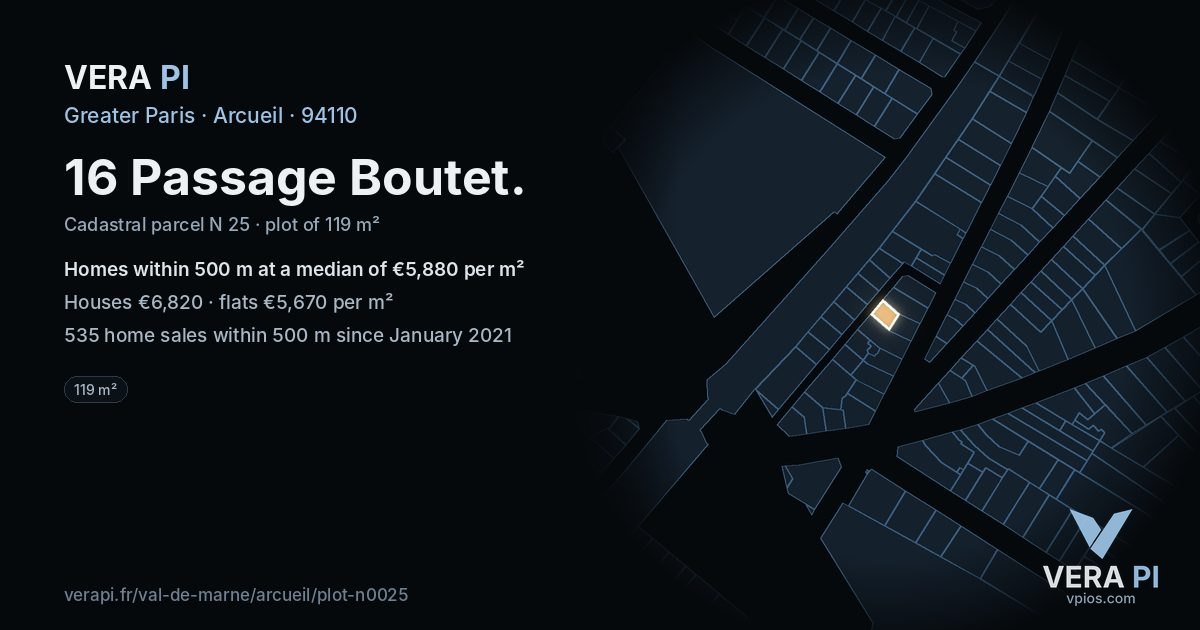 16 Passage Boutet, Arcueil at night – the plot lit, the parcels around coloured by the prices near them