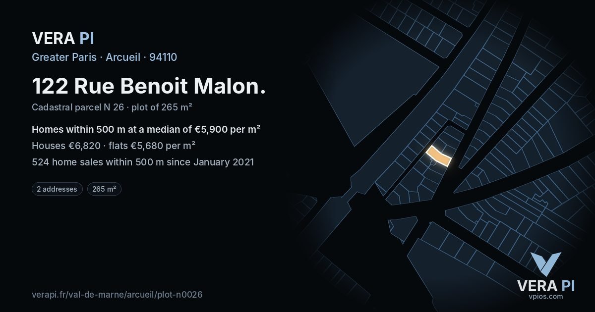 122 Rue Benoit Malon, Arcueil at night – the plot lit, the parcels around coloured by the prices near them