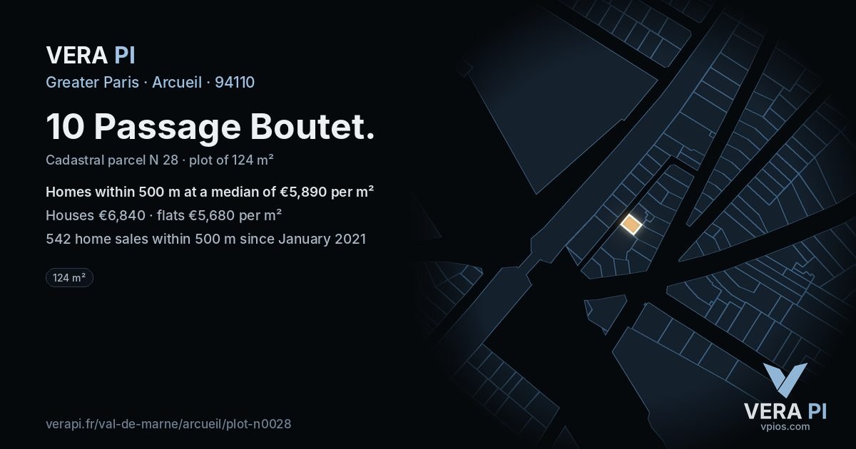 10 Passage Boutet, Arcueil at night – the plot lit, the parcels around coloured by the prices near them