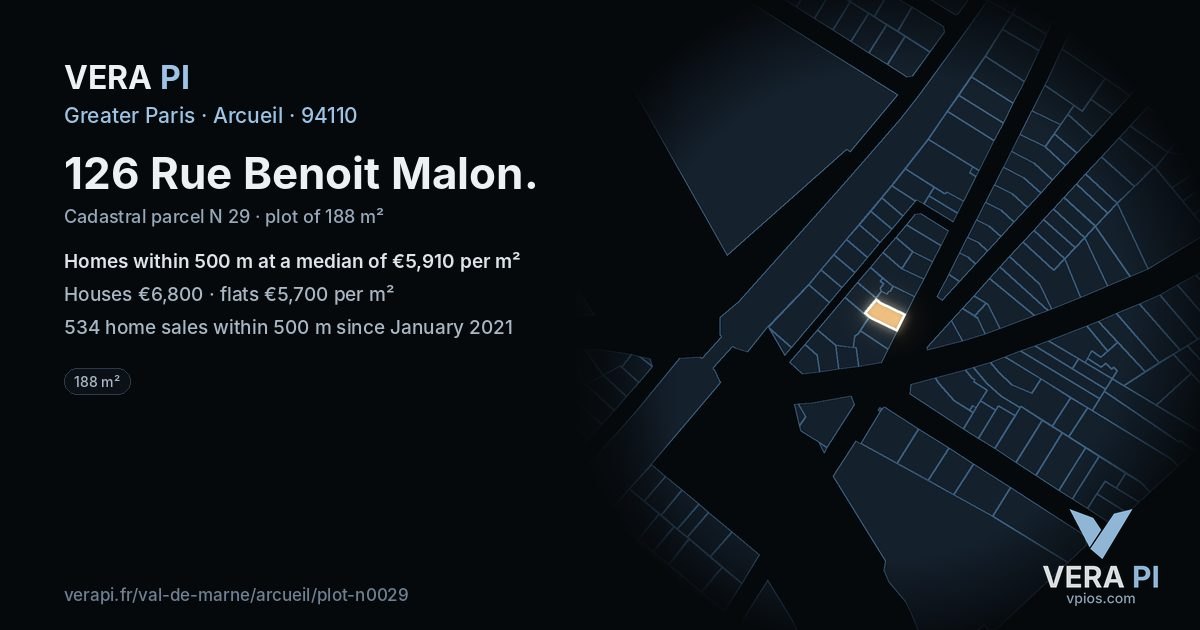 126 Rue Benoit Malon, Arcueil at night – the plot lit, the parcels around coloured by the prices near them