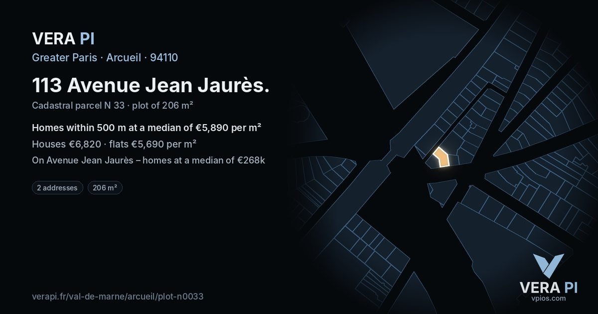 113 Avenue Jean Jaurès, Arcueil at night – the plot lit, the parcels around coloured by the prices near them